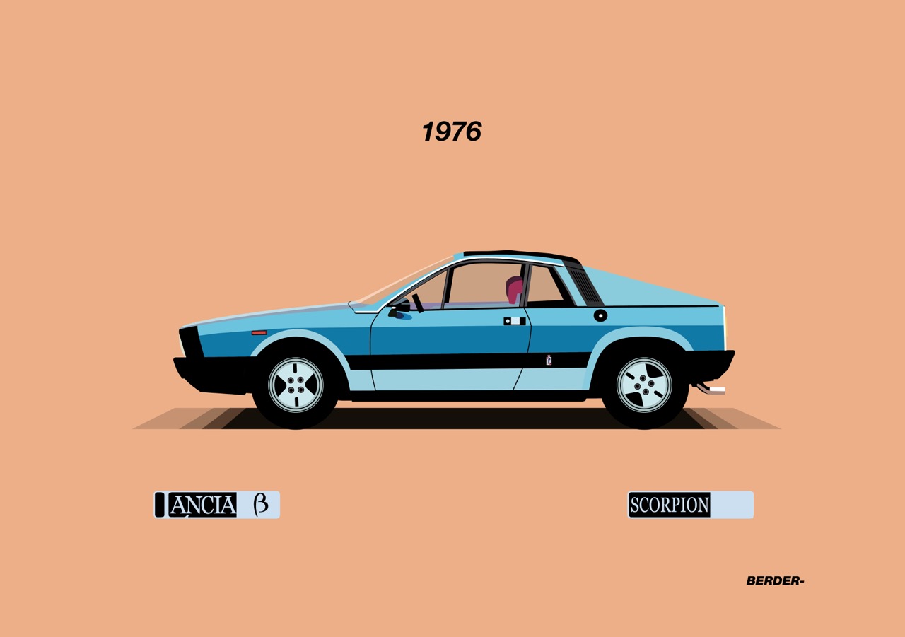 Voiture de sport italienne bleue avec du texte sur fond de couleur corail.